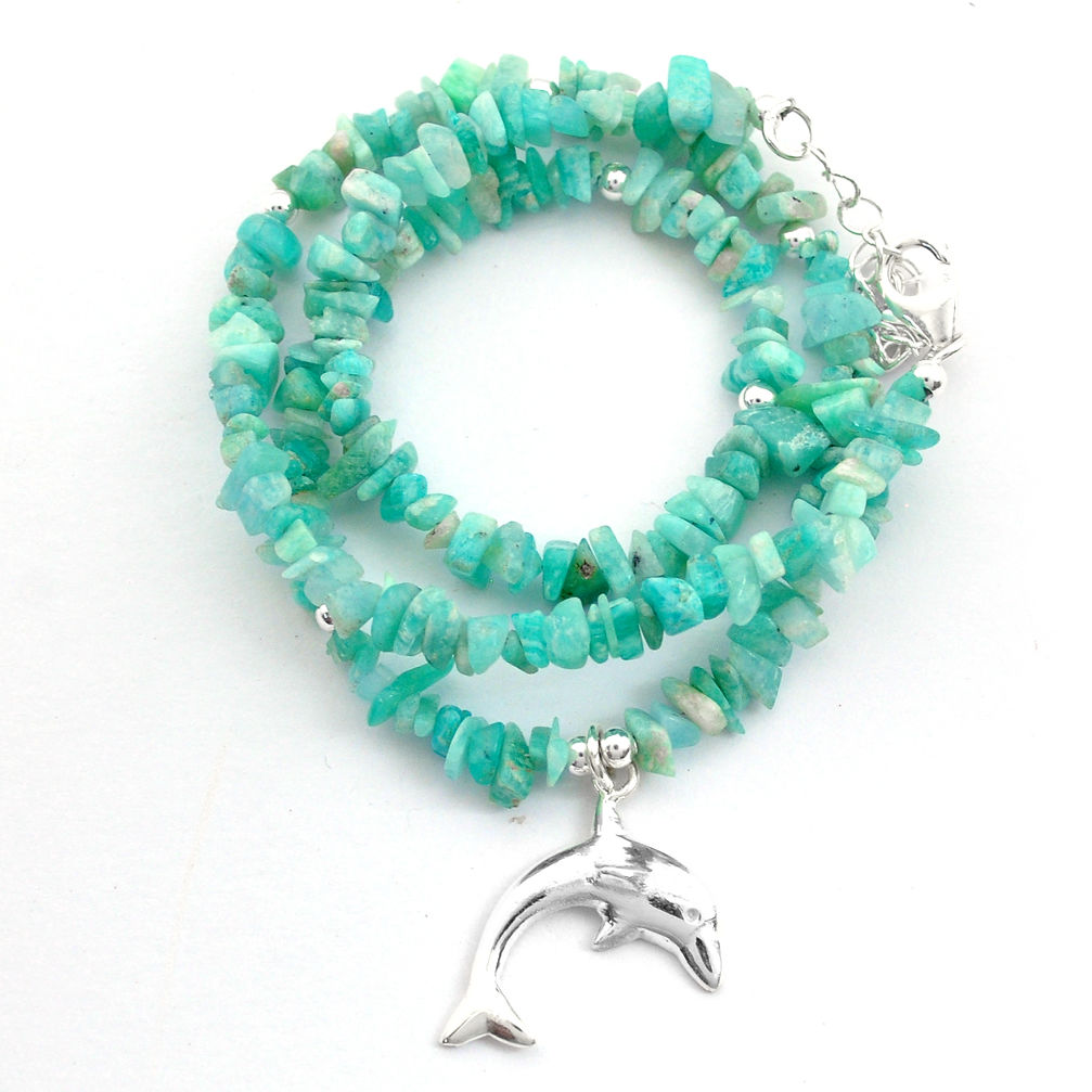 39.35cts dolphin natural amazonite (hope stone) 925 silver beads necklace u64948