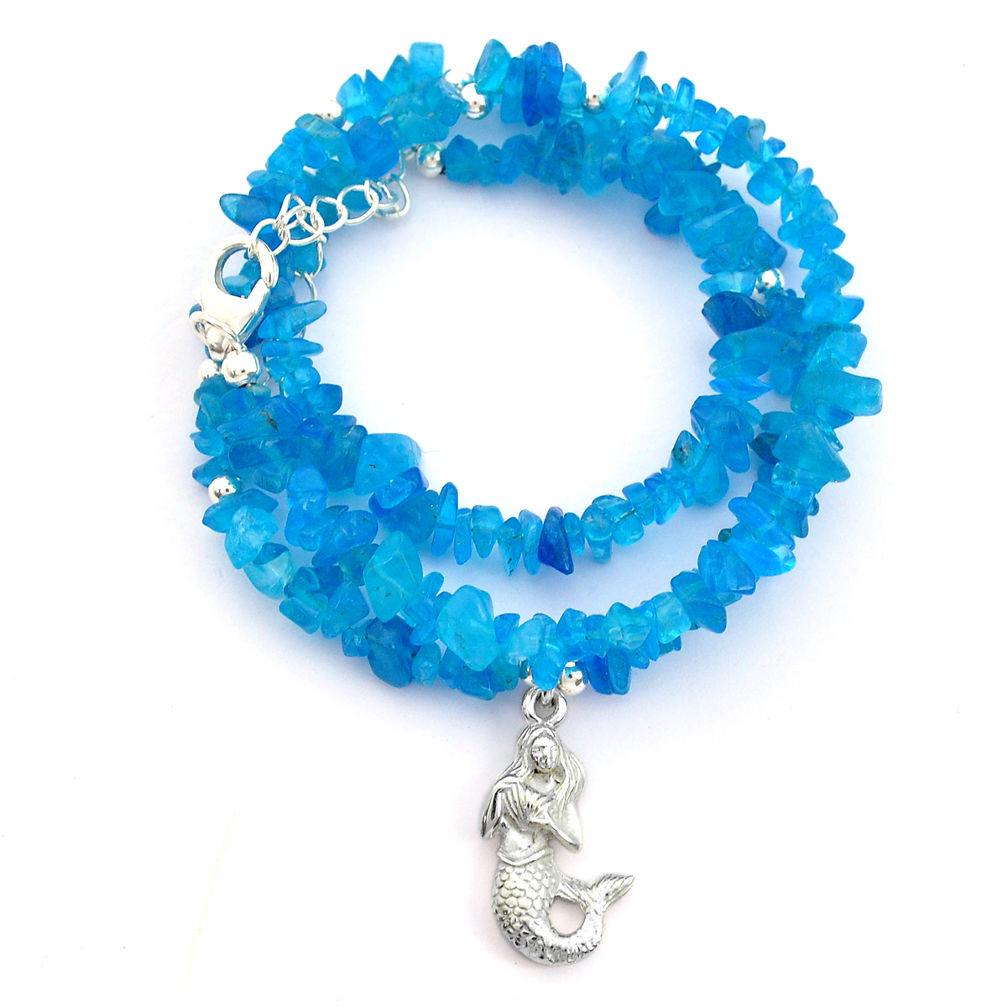 51.94cts fairy mermaid natural blue apatite rough silver beads necklace u64973