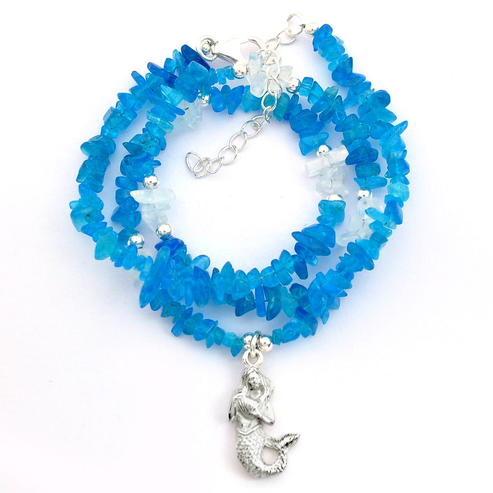 51.94cts fairy mermaid natural blue apatite rough silver beads necklace u64975