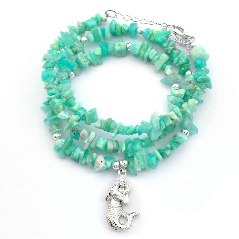 43.59cts fairy mermaid natural green amazonite 925 silver beads necklace u64945