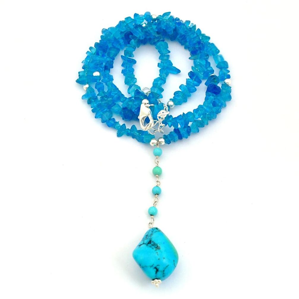 75.32cts fine blue turquoise apatite rough 925 silver beads necklace u65117