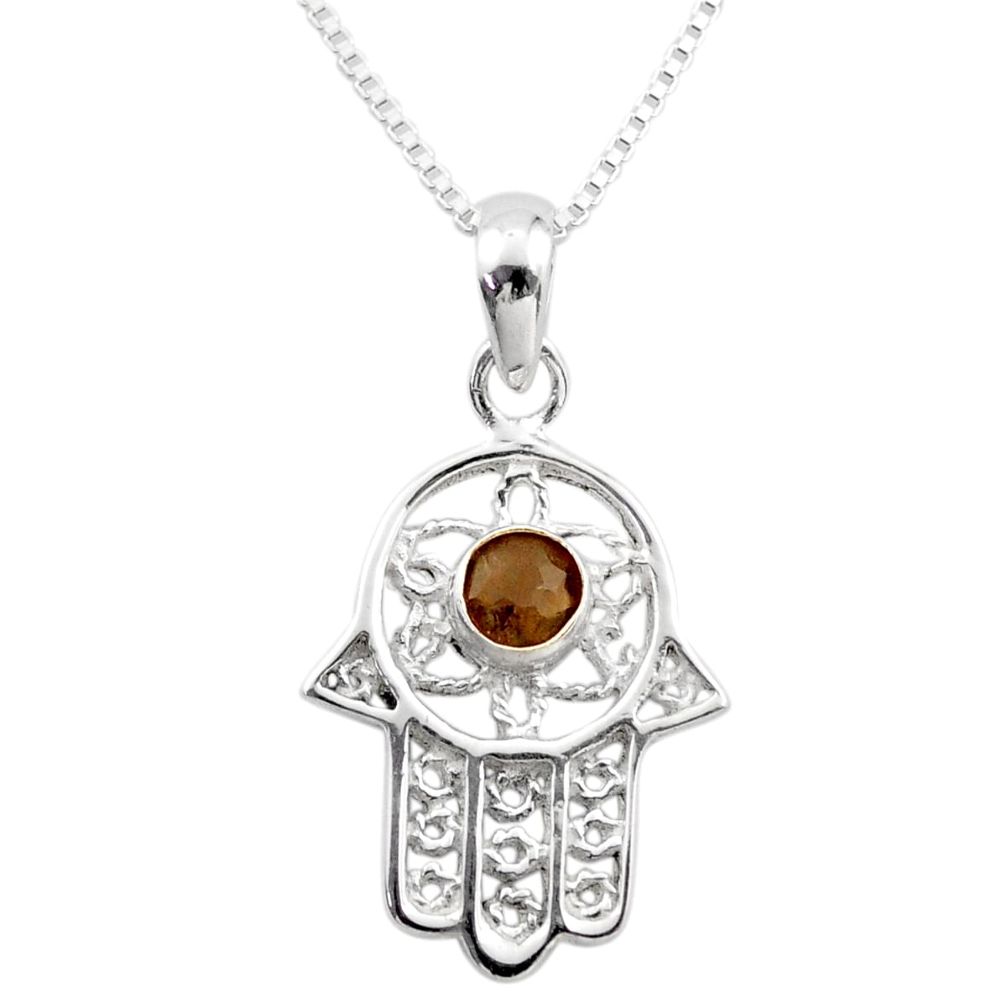 0.38cts hand of god hamsa brown smoky topaz silver 18 inch chain necklace t89282