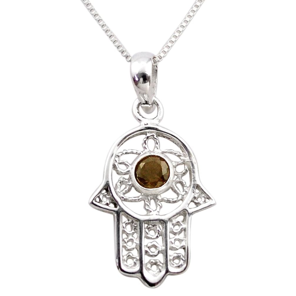 0.37cts hand of god hamsa brown smoky topaz silver 18 inch chain necklace t89285