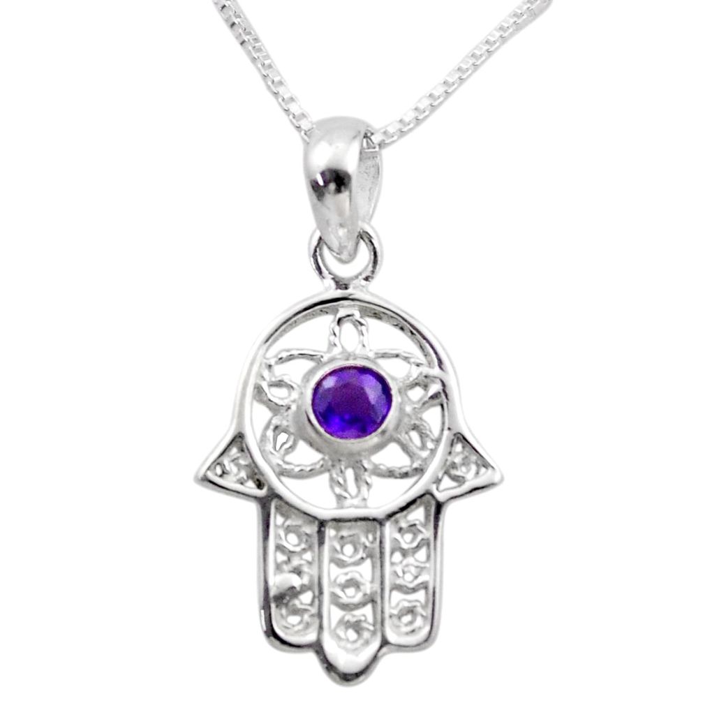 0.39cts hand of god hamsa natural amethyst silver 18 inch chain necklace t89295