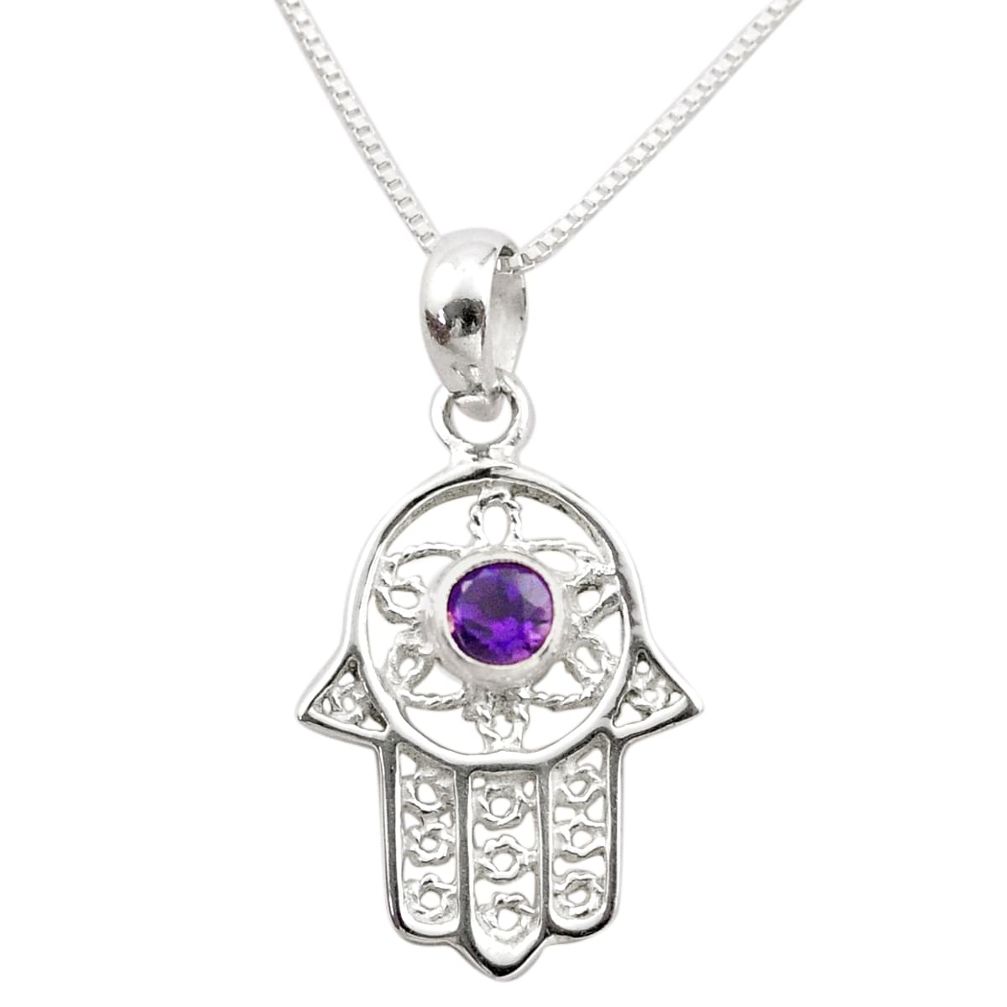 0.33cts hand of god hamsa natural amethyst silver 18 inch chain necklace t89310