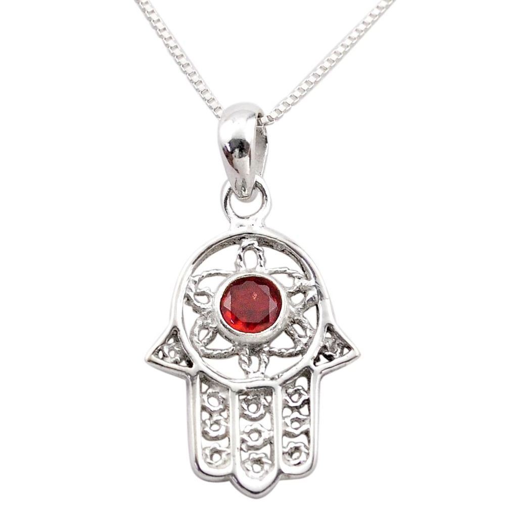 0.33cts hand of god hamsa natural garnet silver 18 inch chain necklace t89303
