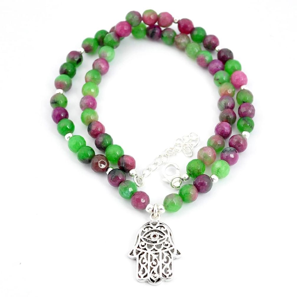 99.39cts hand of god hamsa ruby zoisite quartz 925 silver beads necklace u30059