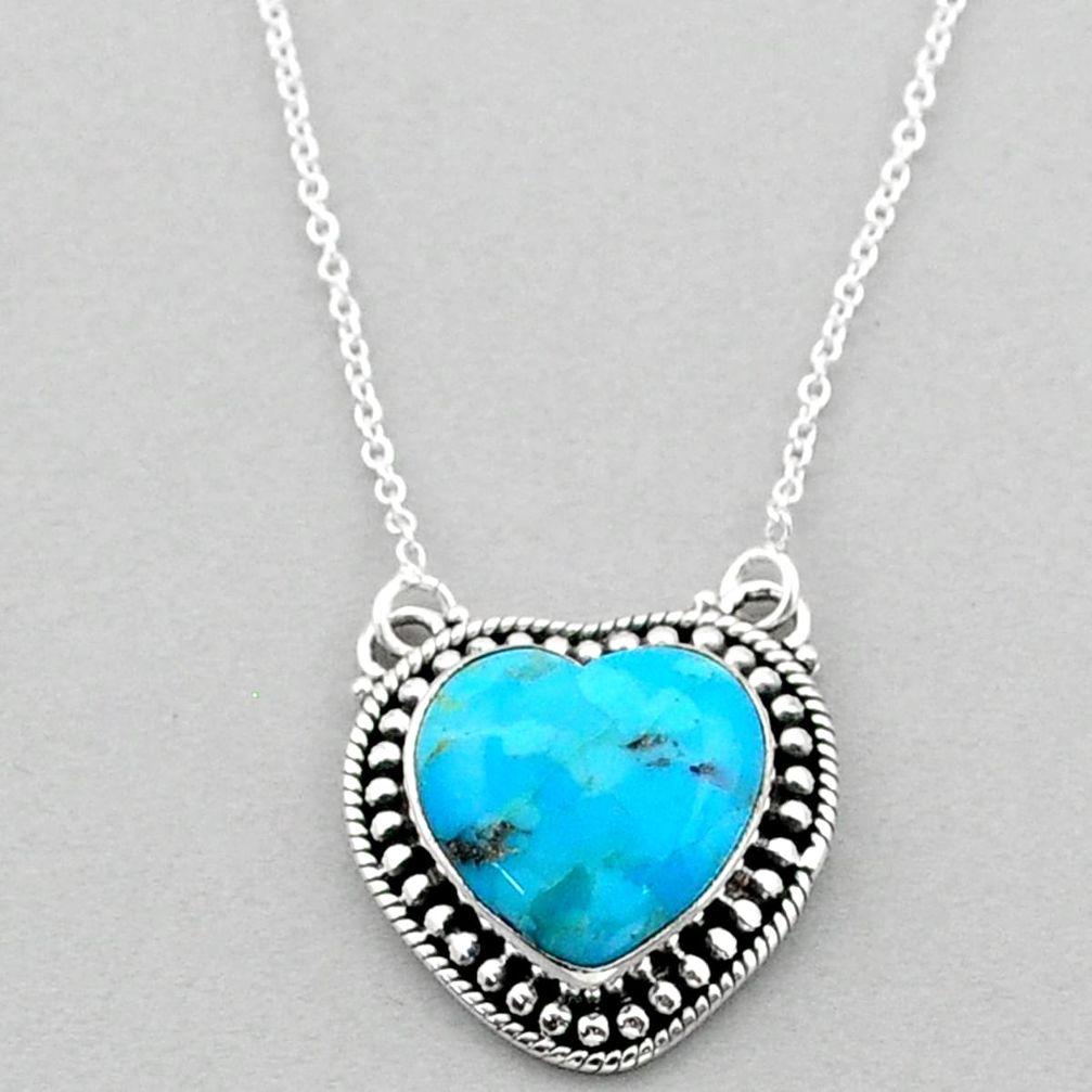 9.62cts heart blue arizona mohave turquoise 925 sterling silver necklace t93396