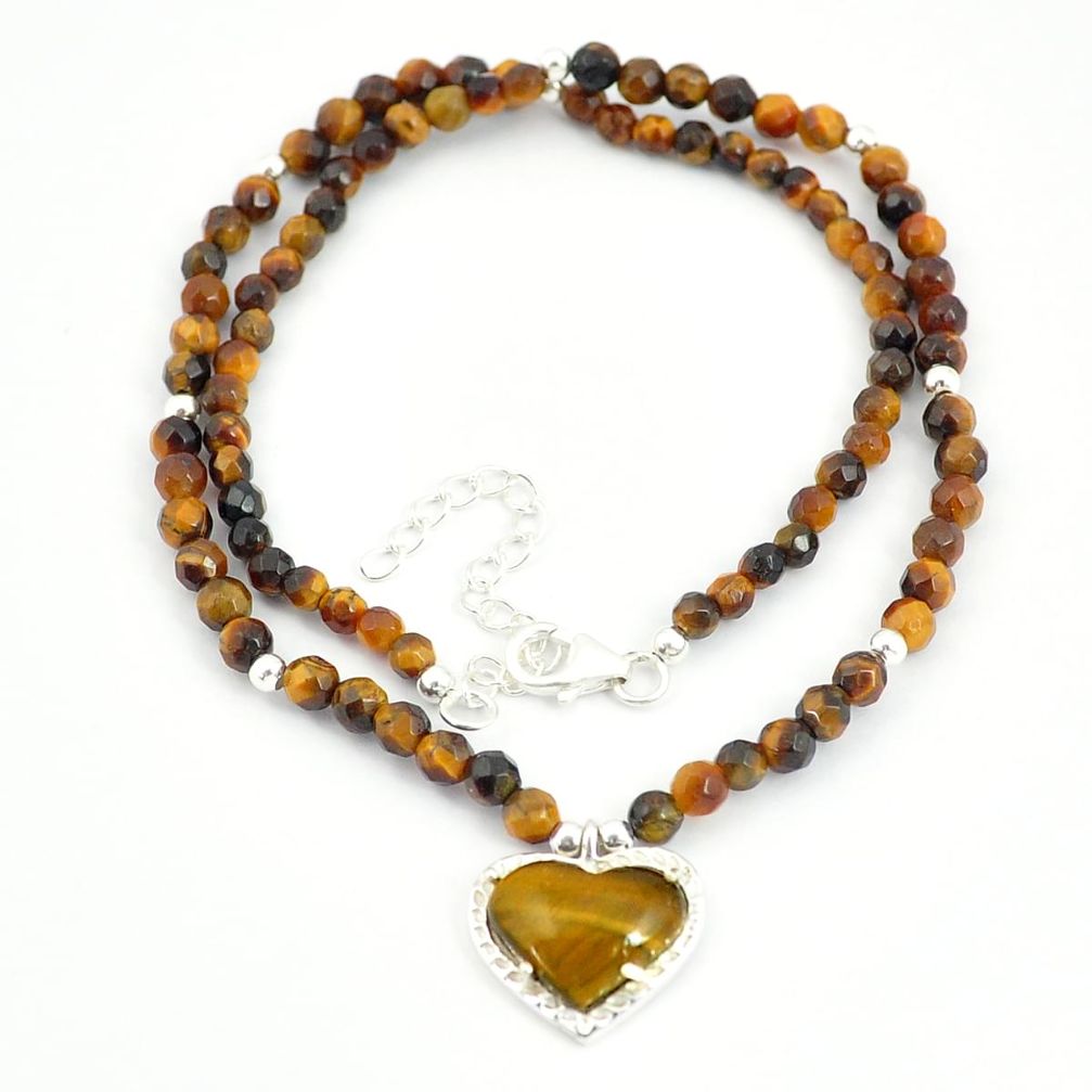 36.78cts heart brown tiger's eye 925 silver beads necklace jewelry u30005