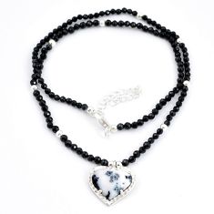 27.54cts heart dendrite opal onyx quartz 925 silver beads necklace u30013