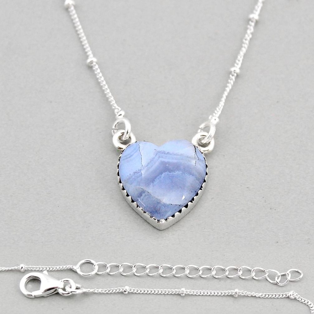 10.91cts heart natural blue lace agate fancy 925 sterling silver necklace y71767