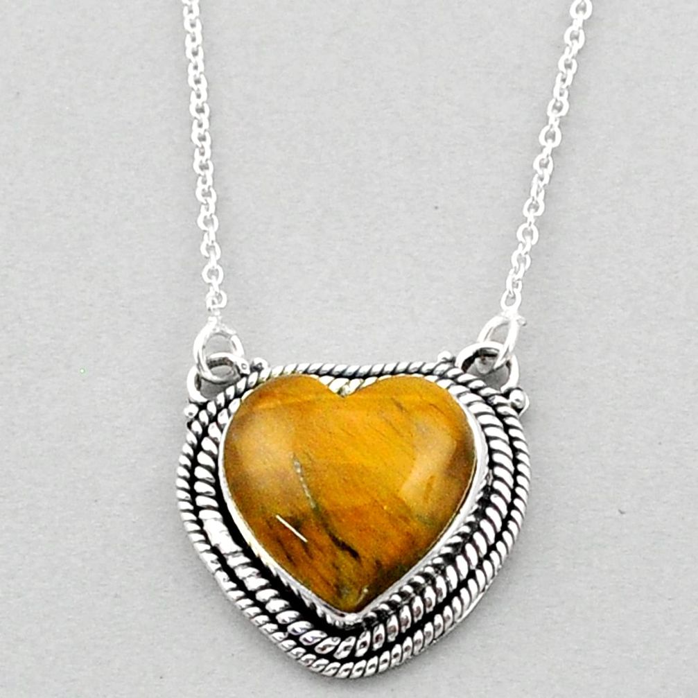 10.26cts heart natural brown tiger's eye 925 sterling silver necklace t93376