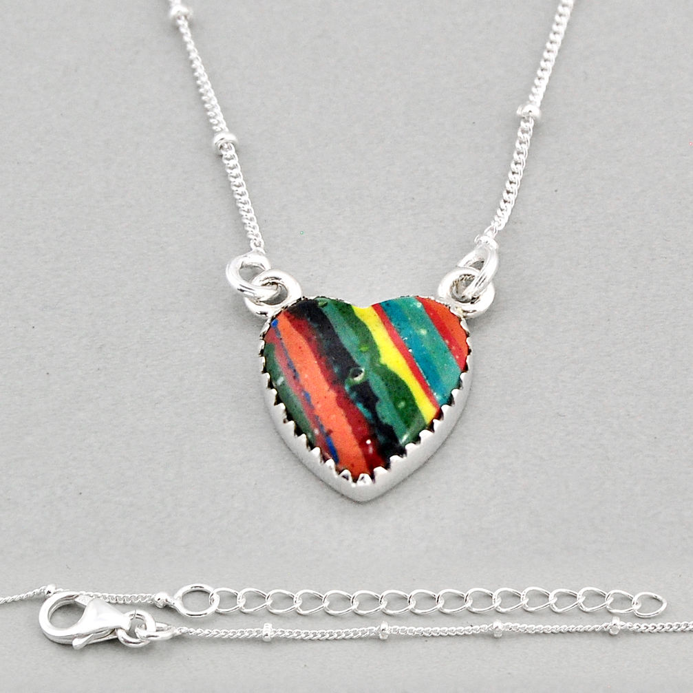 8.03cts heart natural multi color rainbow calsilica 925 silver necklace y71800