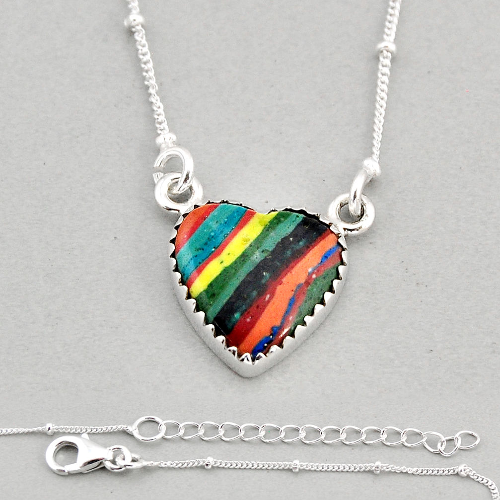 9.65cts heart natural multicolor rainbow calsilica 925 silver necklace y71778