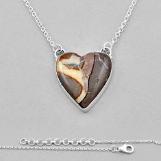 19.78cts heart shape natural brown septarian gonads 925 silver necklace n33419