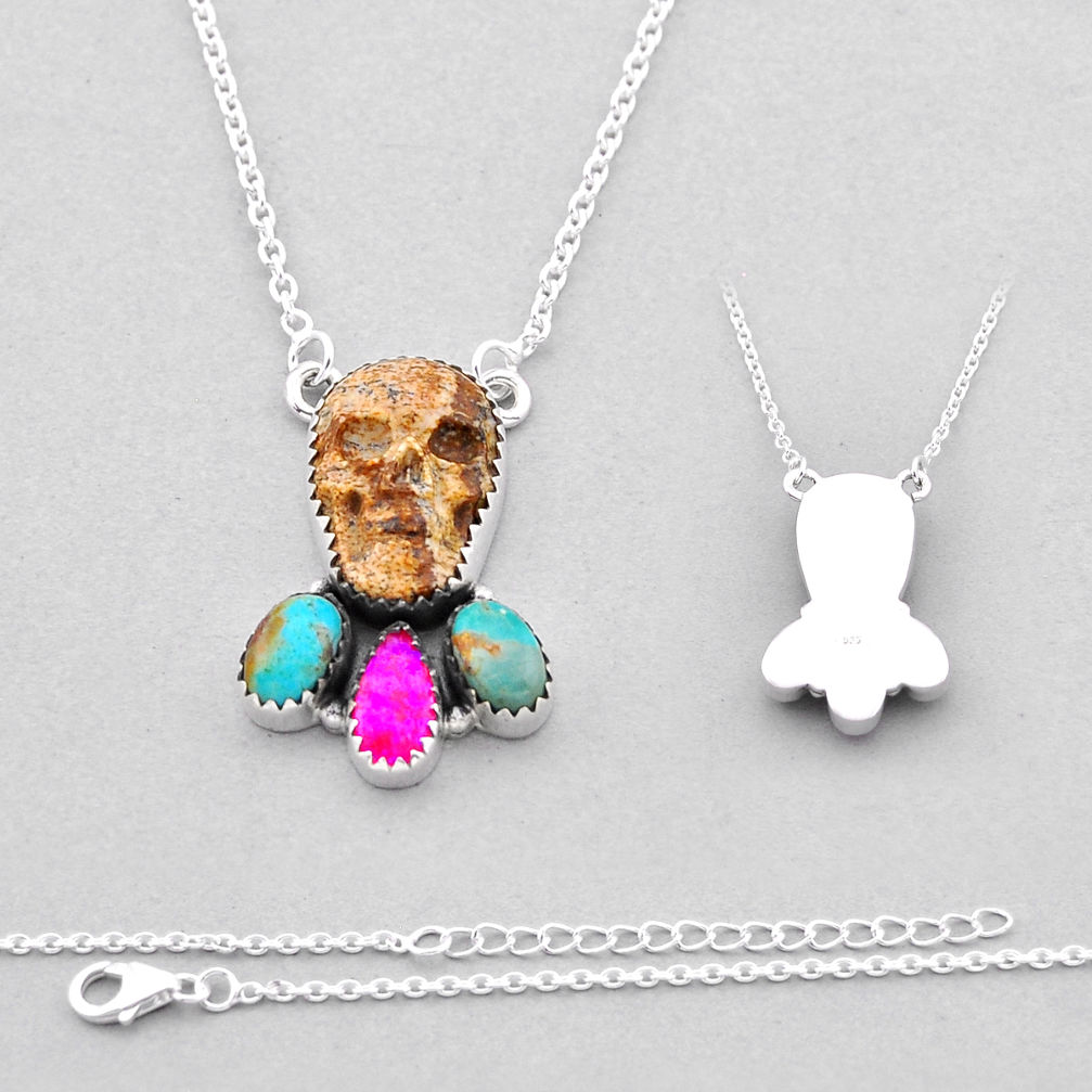 Hot opal picture jasper arizona mohave turquoise silver skull necklace n53299