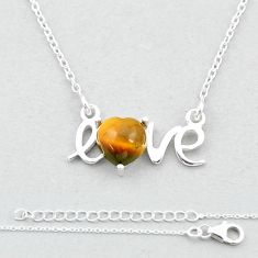 2.47cts love heart natural brown tiger's eye 925 sterling silver necklace u37224