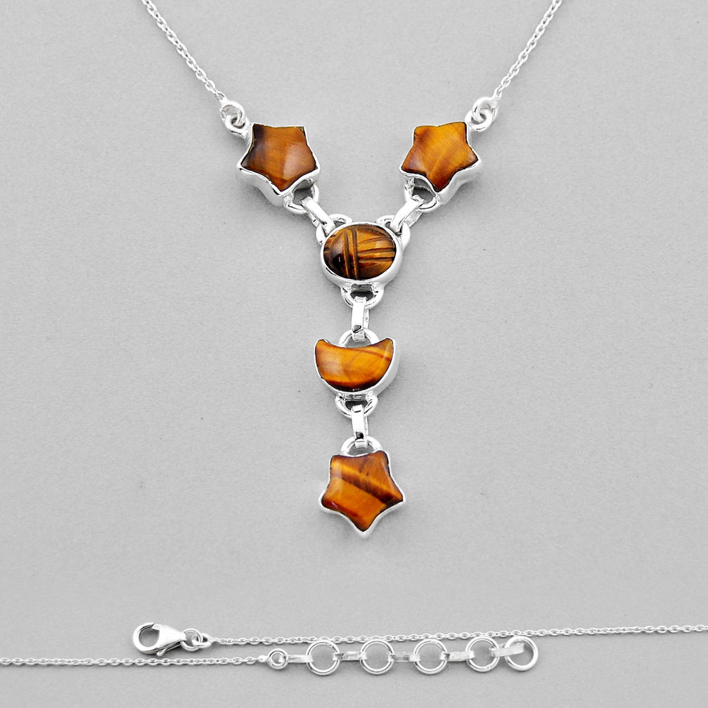 19.51cts moon with star natural brown tiger's eye 925 silver necklace n37713