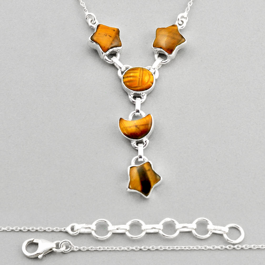 19.93cts moon with star natural brown tiger's eye 925 silver necklace y57876