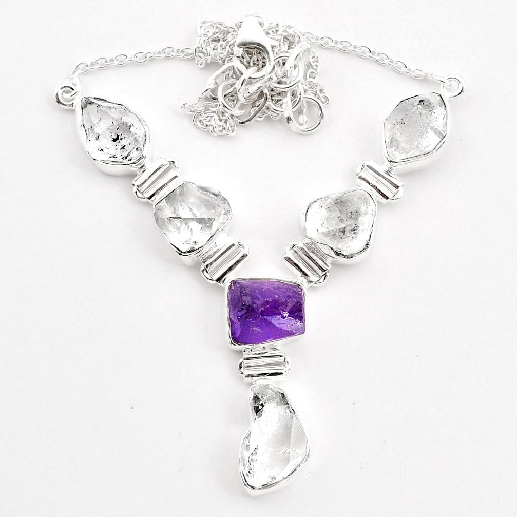 42.50cts natural amethyst rough herkimer diamond 925 silver necklace t58990