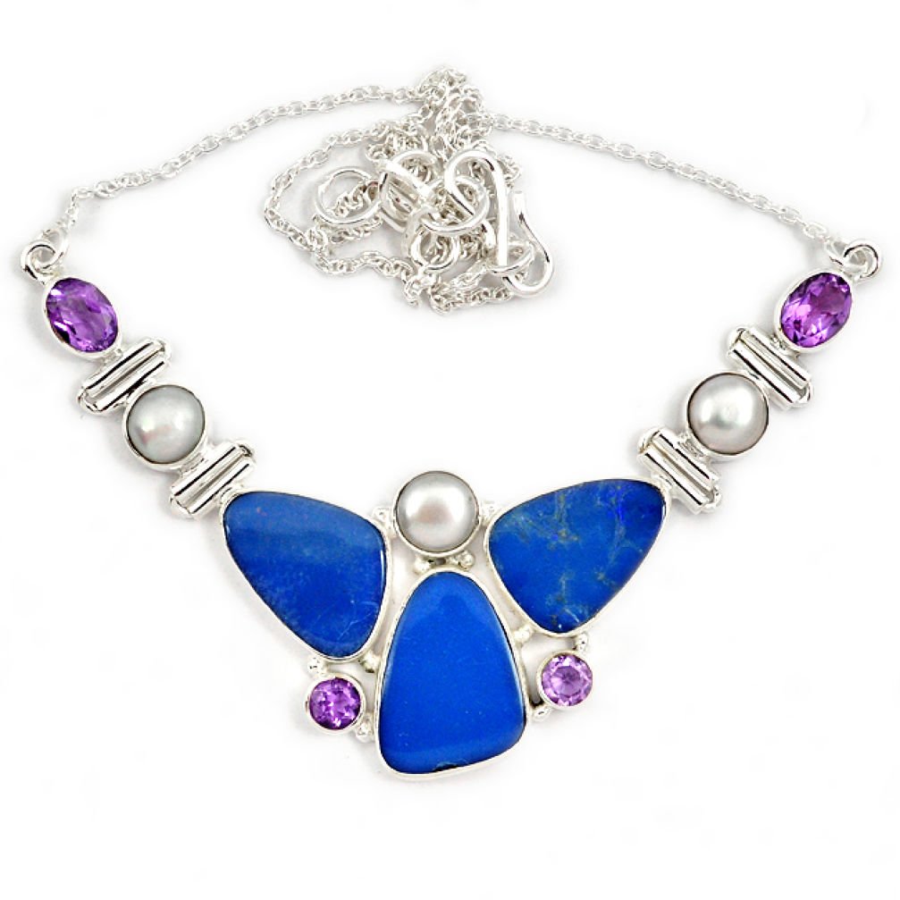 Natural blue australian opal (lab) amethyst pearl 925 silver necklace j13351