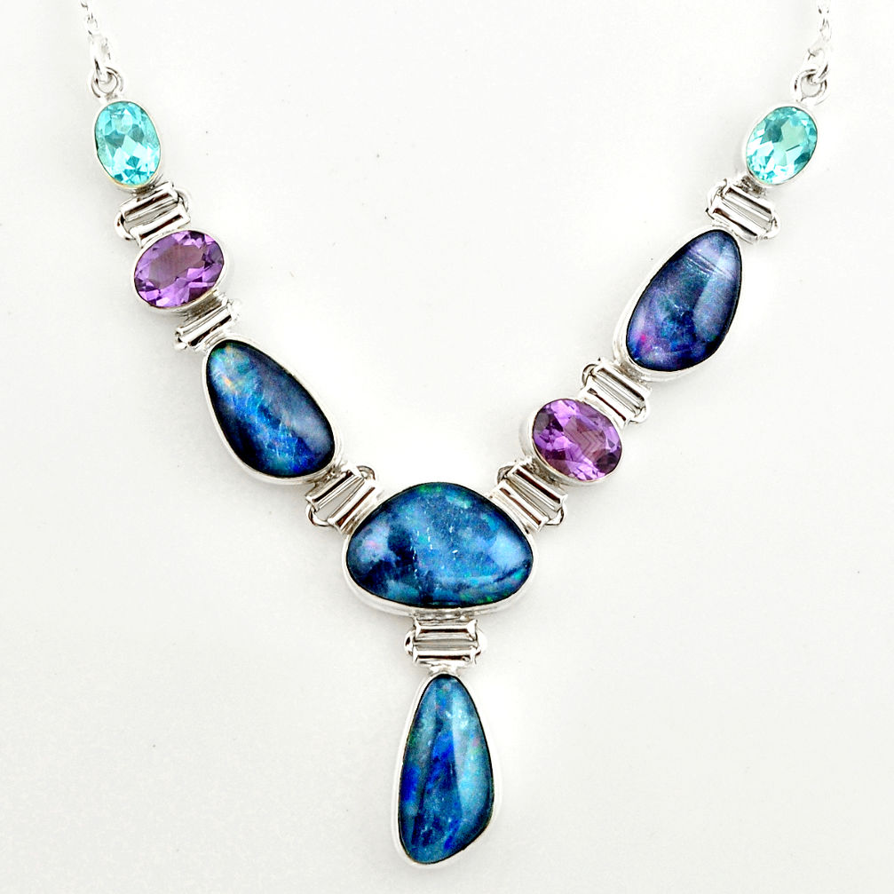 42.35cts natural blue australian opal triplet topaz 925 silver necklace r27486