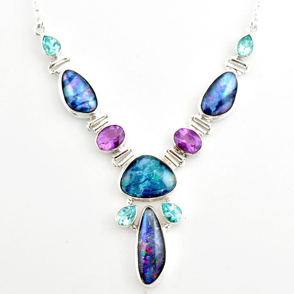 44.61cts natural blue australian opal triplet topaz 925 silver necklace r27496