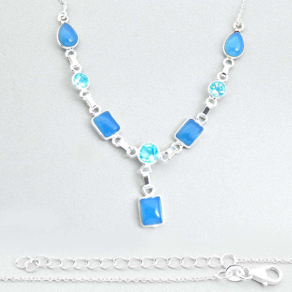 13.51cts natural blue chalcedony topaz 925 sterling silver necklace u62942