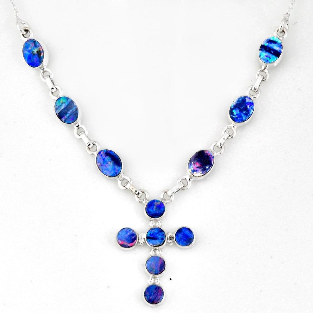 12.17cts natural blue doublet opal australian 925 silver cross necklace r56151