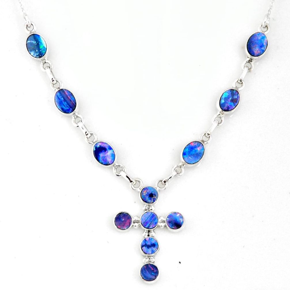 12.19cts natural blue doublet opal australian 925 silver cross necklace r56153