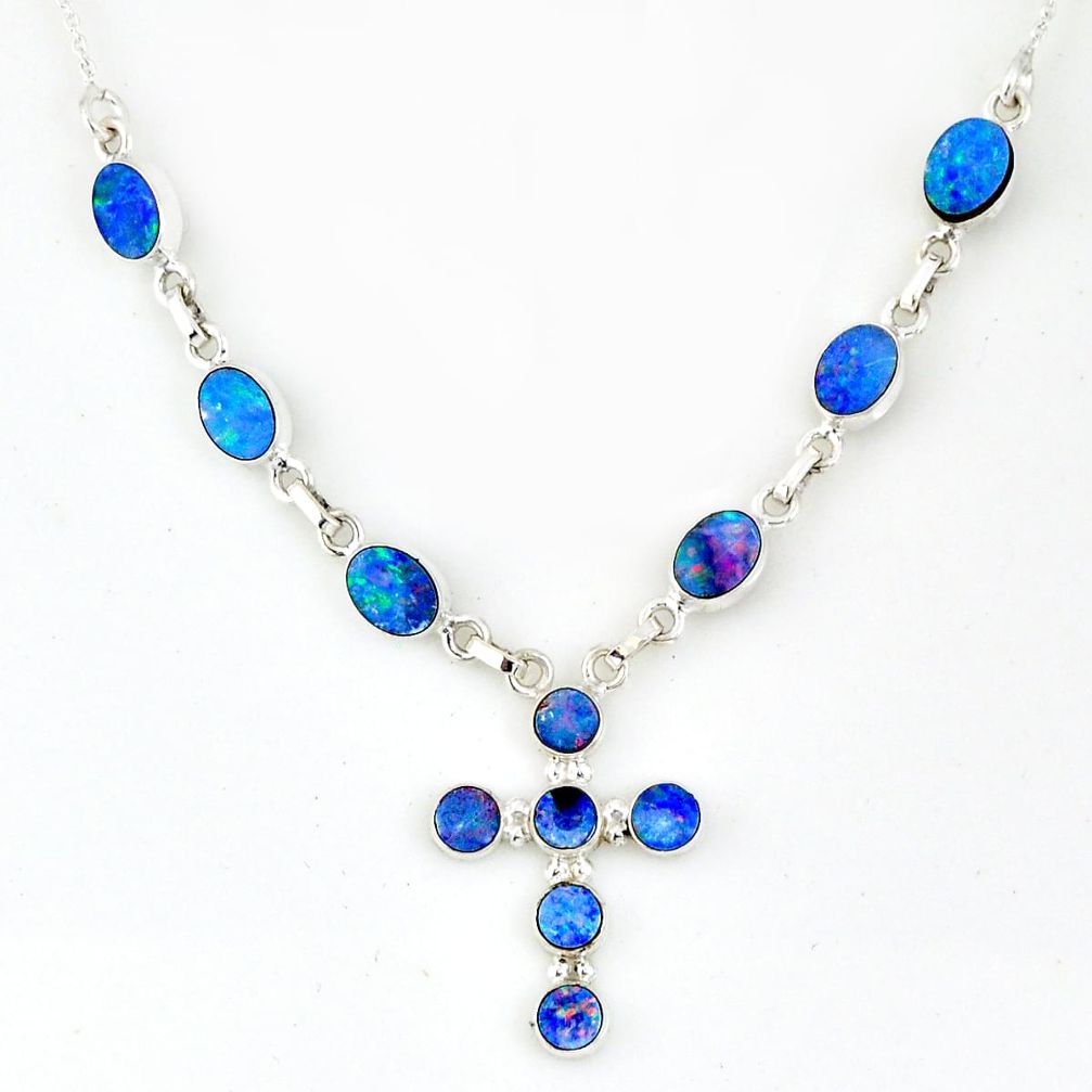 12.39cts natural blue doublet opal australian 925 silver cross necklace r56157