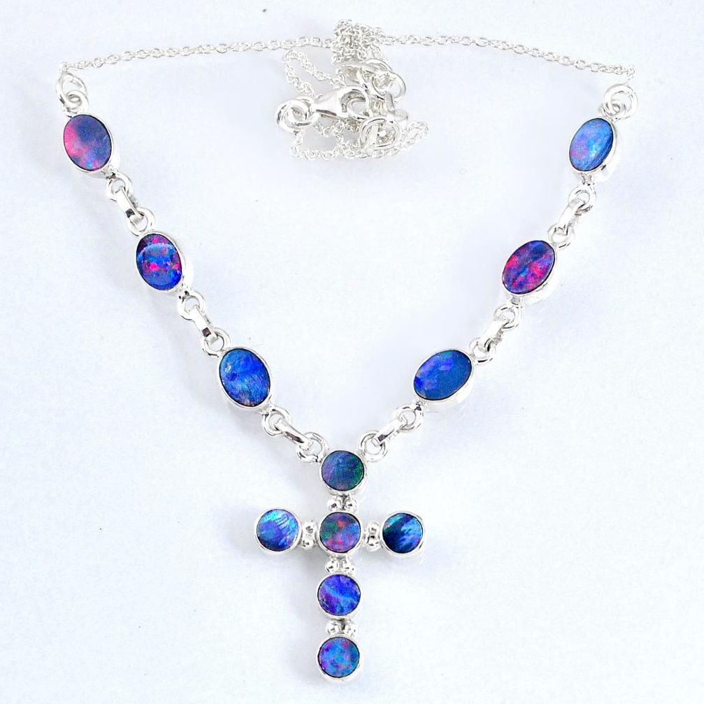13.82cts natural blue doublet opal australian 925 silver cross necklace r58705
