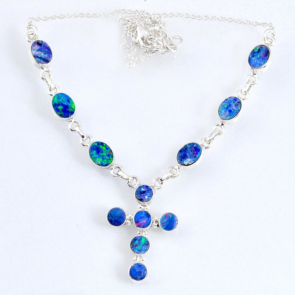 14.16cts natural blue doublet opal australian 925 silver cross necklace r58706