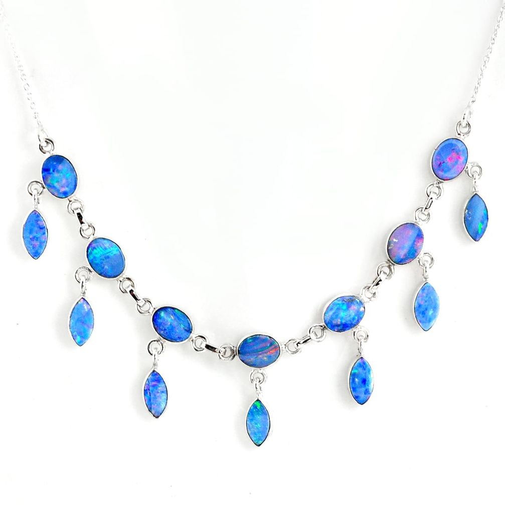 26.57cts natural blue doublet opal australian 925 silver necklace r56122