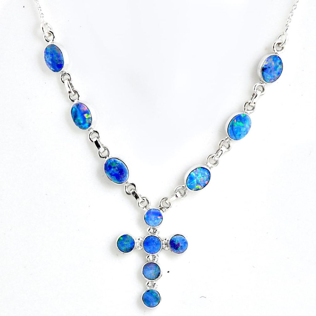 12.19cts natural blue doublet opal australian 925 silver necklace r56128