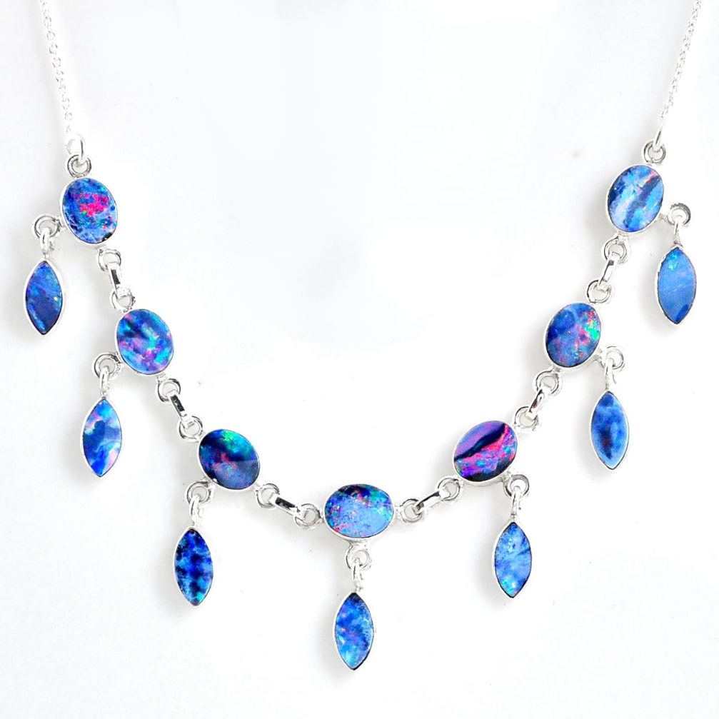 23.67cts natural blue doublet opal australian 925 silver necklace r56130