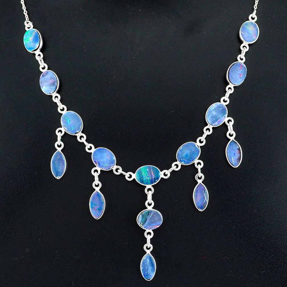 25.05cts natural blue doublet opal australian 925 silver necklace r94023