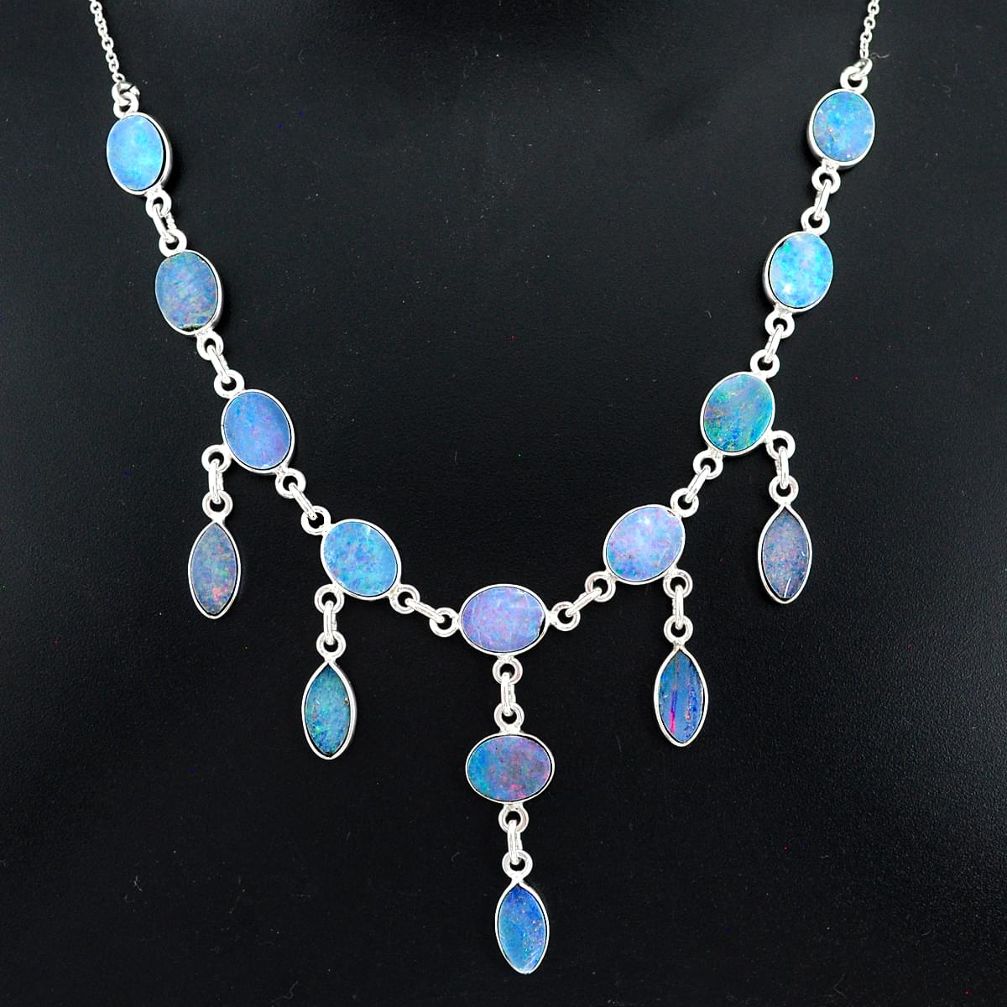 25.65cts natural blue doublet opal australian 925 silver necklace r94025