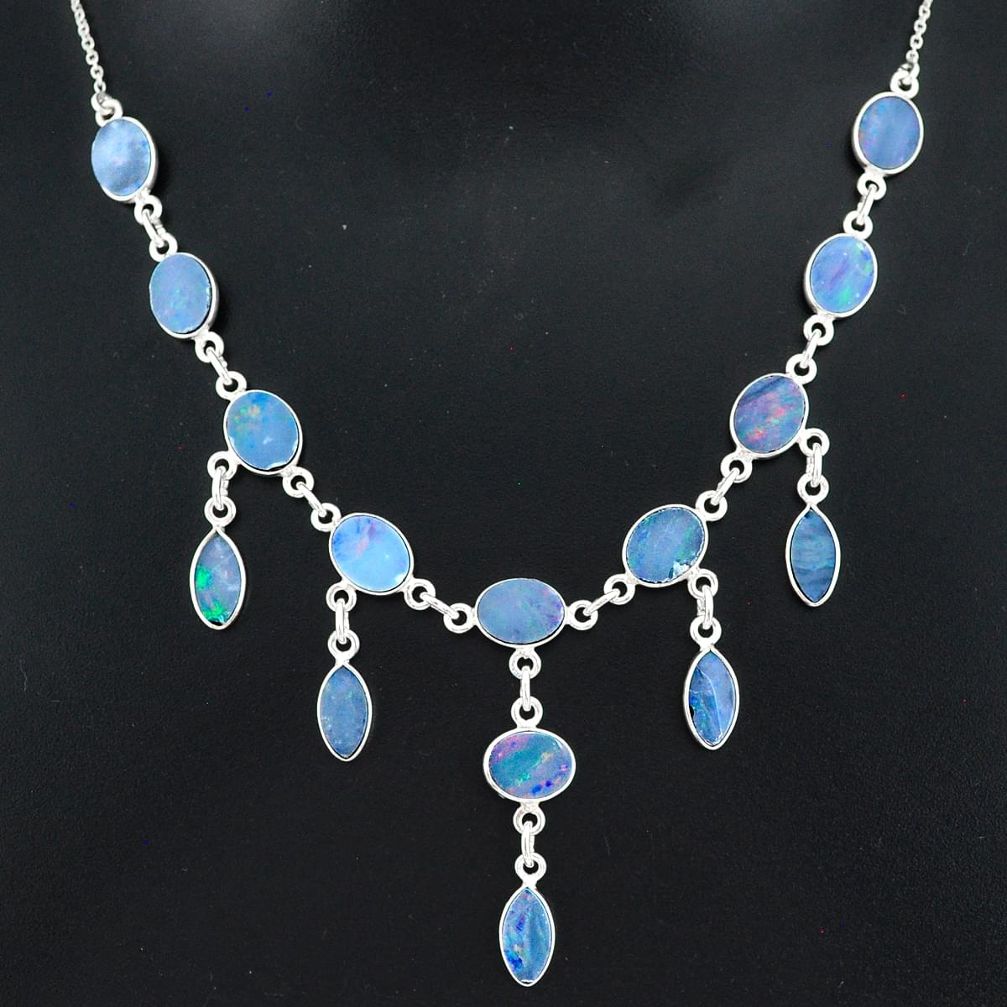25.05cts natural blue doublet opal australian 925 silver necklace r94032