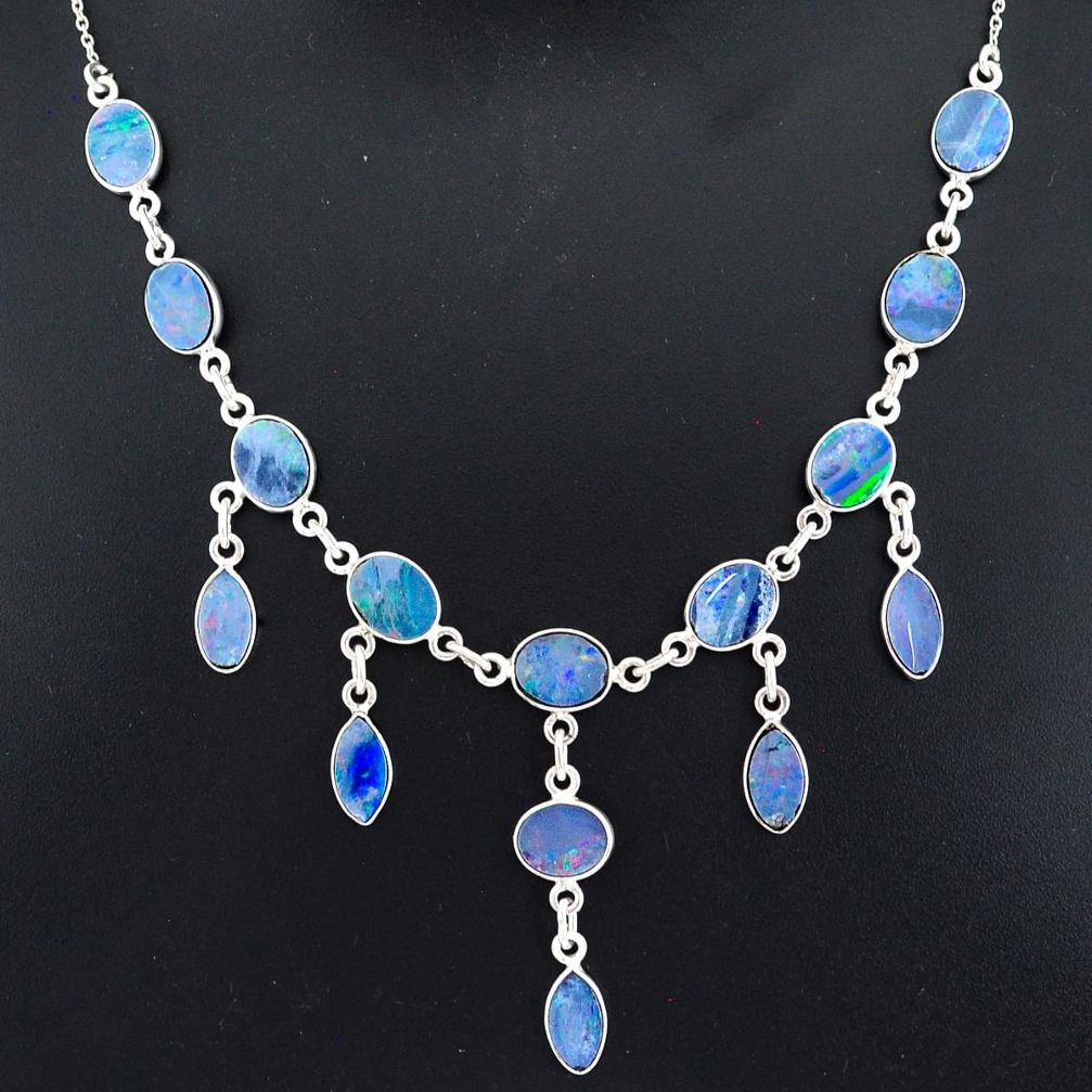 24.67cts natural blue doublet opal australian 925 silver necklace r94034