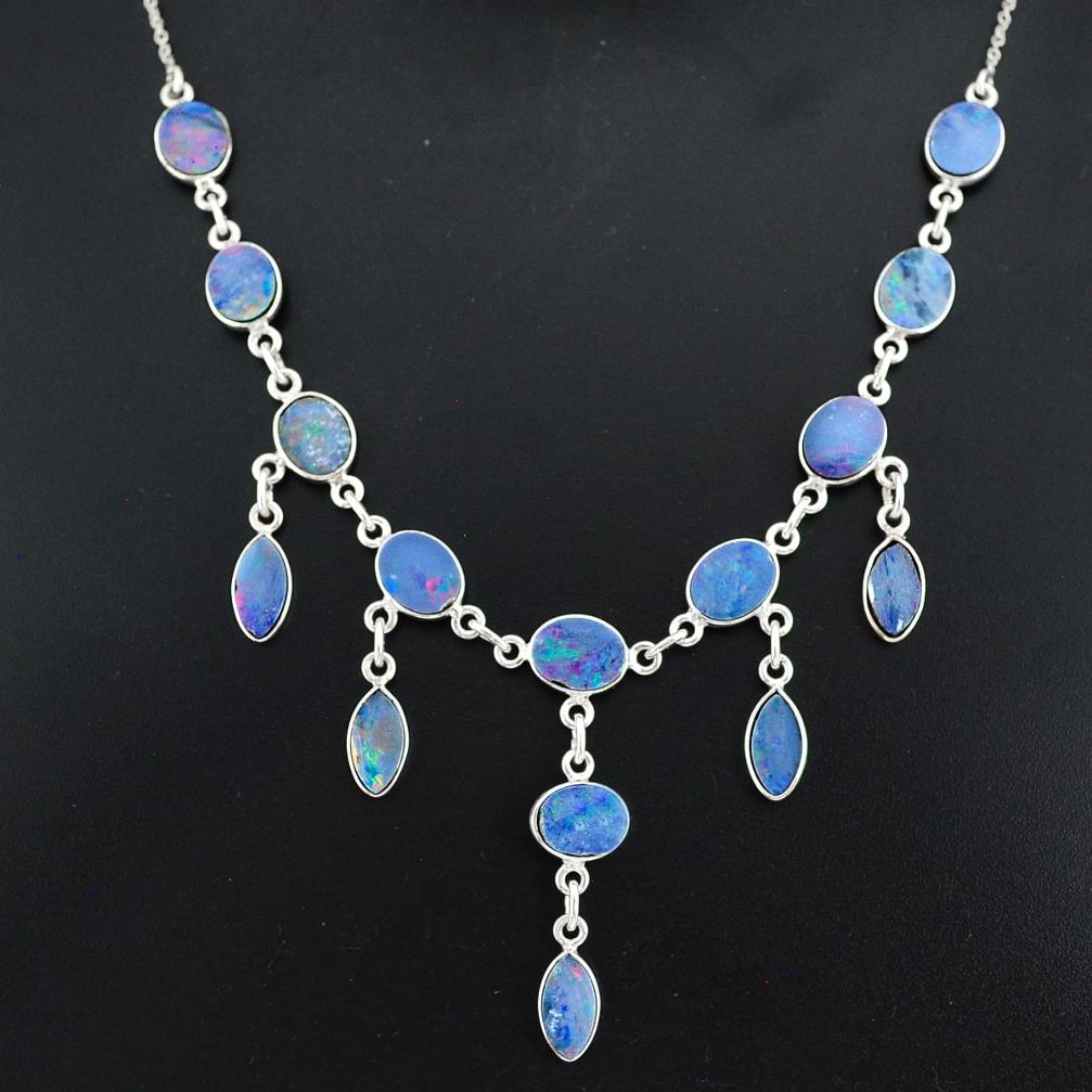 25.07cts natural blue doublet opal australian 925 silver necklace r94036