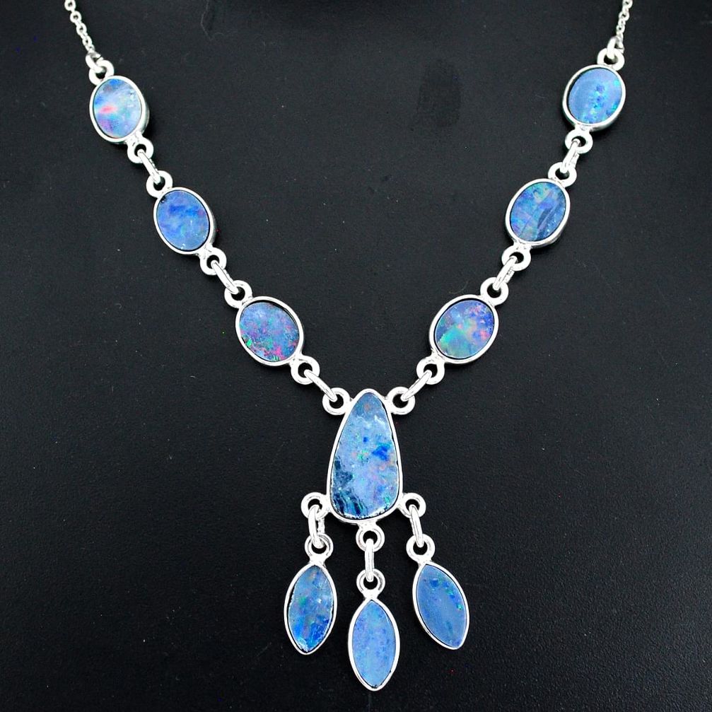 17.66cts natural blue doublet opal australian 925 silver necklace r94041