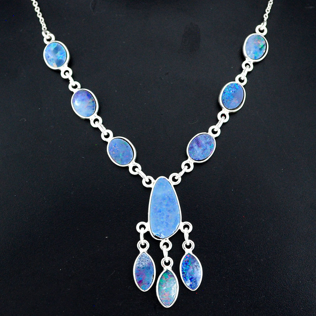 17.64cts natural blue doublet opal australian 925 silver necklace r94043