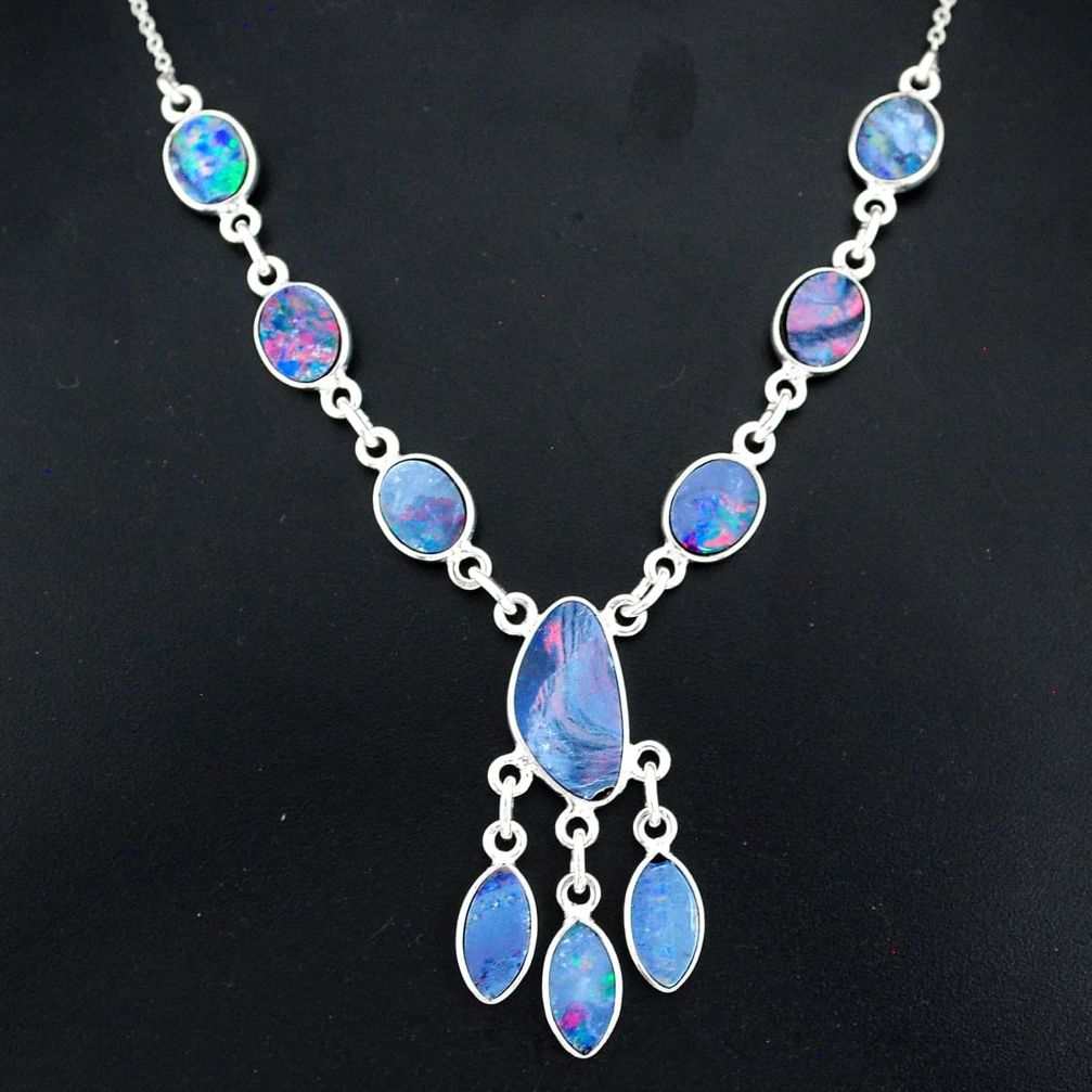 17.18cts natural blue doublet opal australian 925 silver necklace r94045