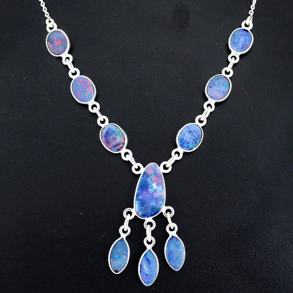 18.10cts natural blue doublet opal australian 925 silver necklace r94049