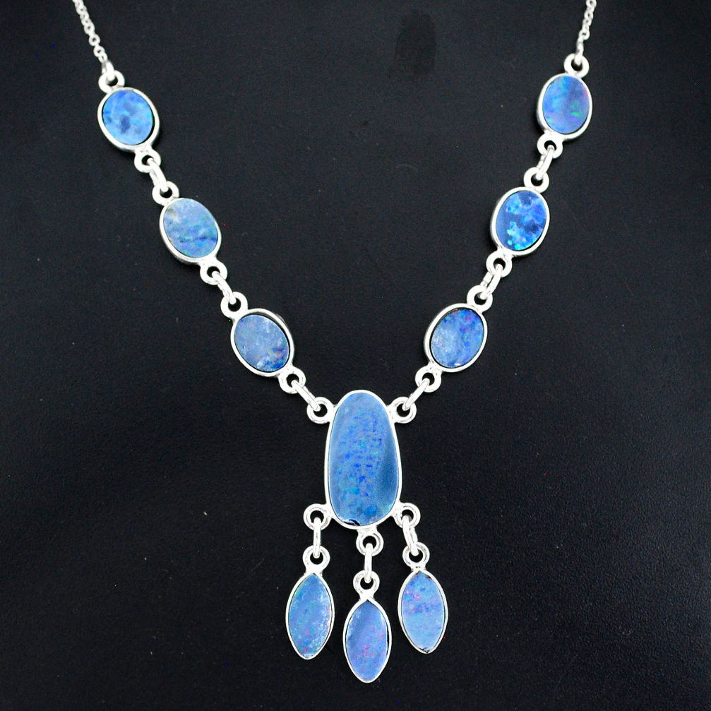 17.69cts natural blue doublet opal australian 925 silver necklace r94052