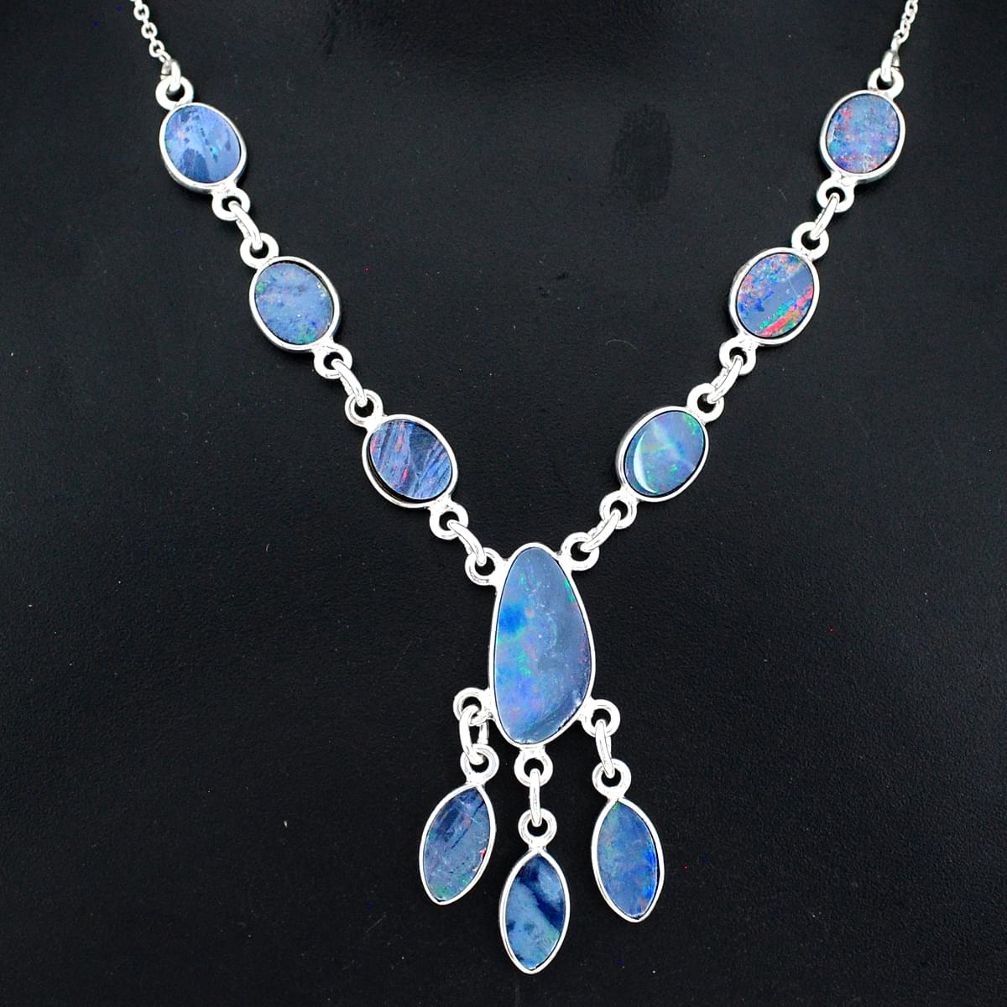 17.20cts natural blue doublet opal australian 925 silver necklace r94054