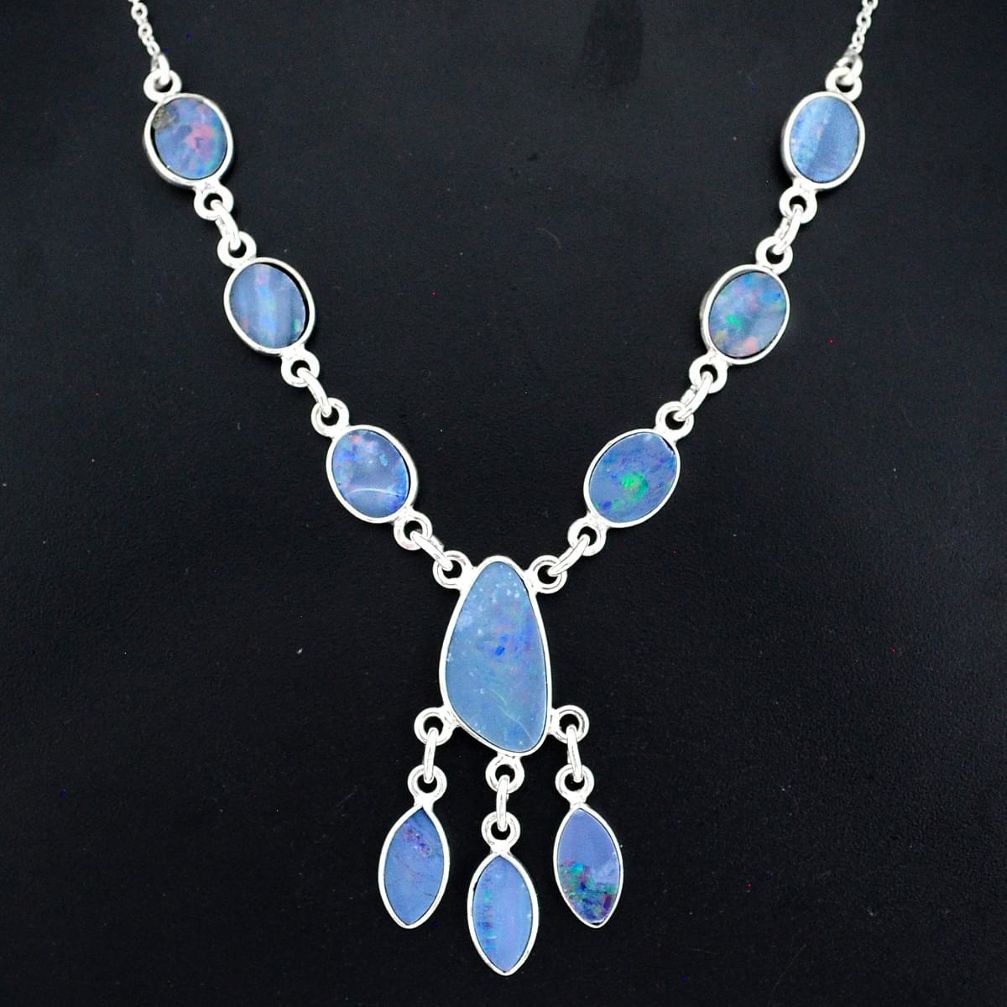 18.15cts natural blue doublet opal australian 925 silver necklace r94055