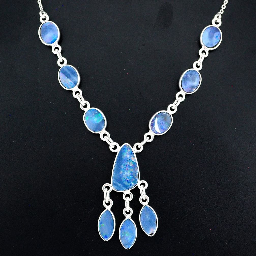 17.69cts natural blue doublet opal australian 925 silver necklace r94056