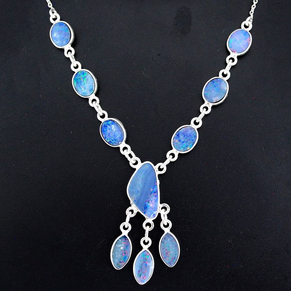 17.69cts natural blue doublet opal australian 925 silver necklace r94058